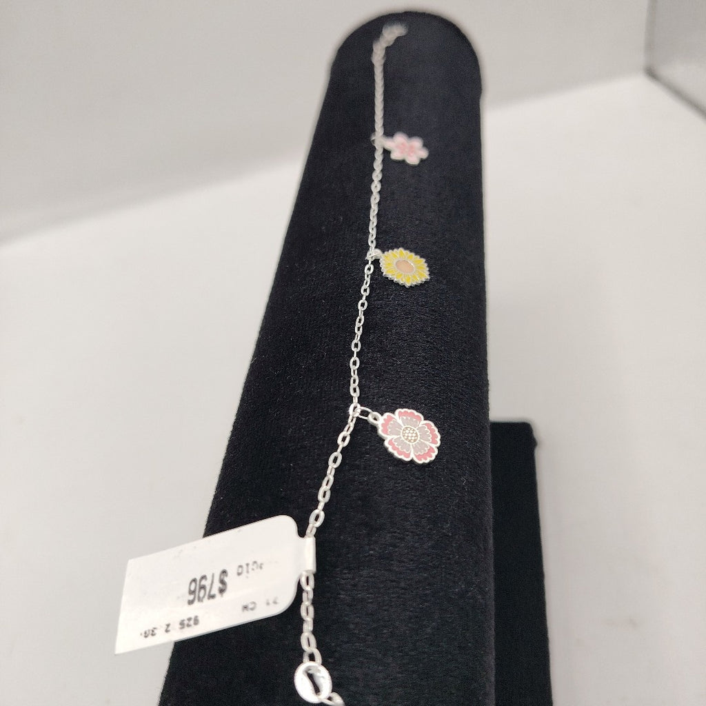 PULSERA TEJIDO ESPECIAL CON DIJE FLORES PLATA .925 21 CM 2.3 GR (NUEVO)