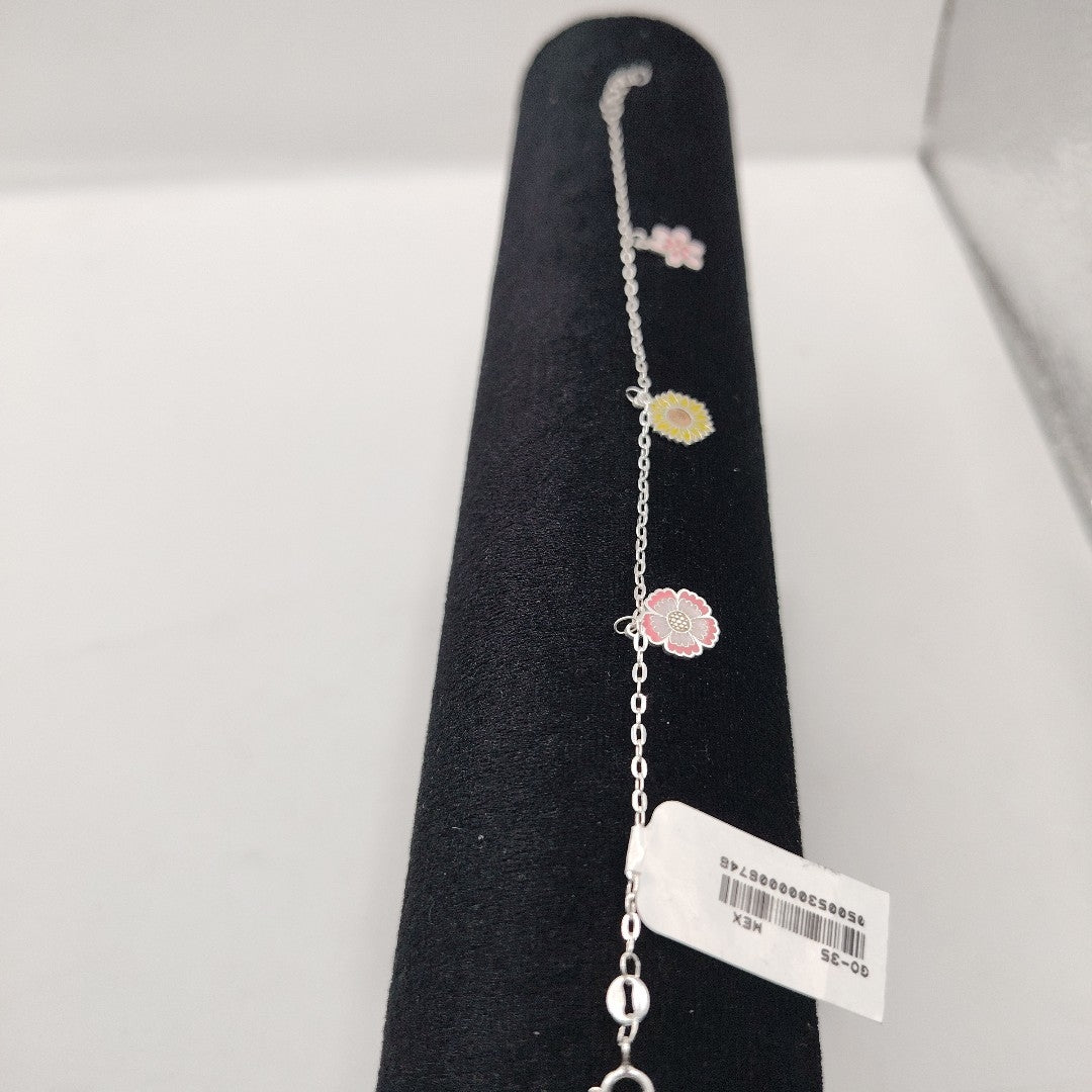 PULSERA TEJIDO ESPECIAL CON DIJE FLORES PLATA .925 21 CM 2.3 GR (NUEVO)