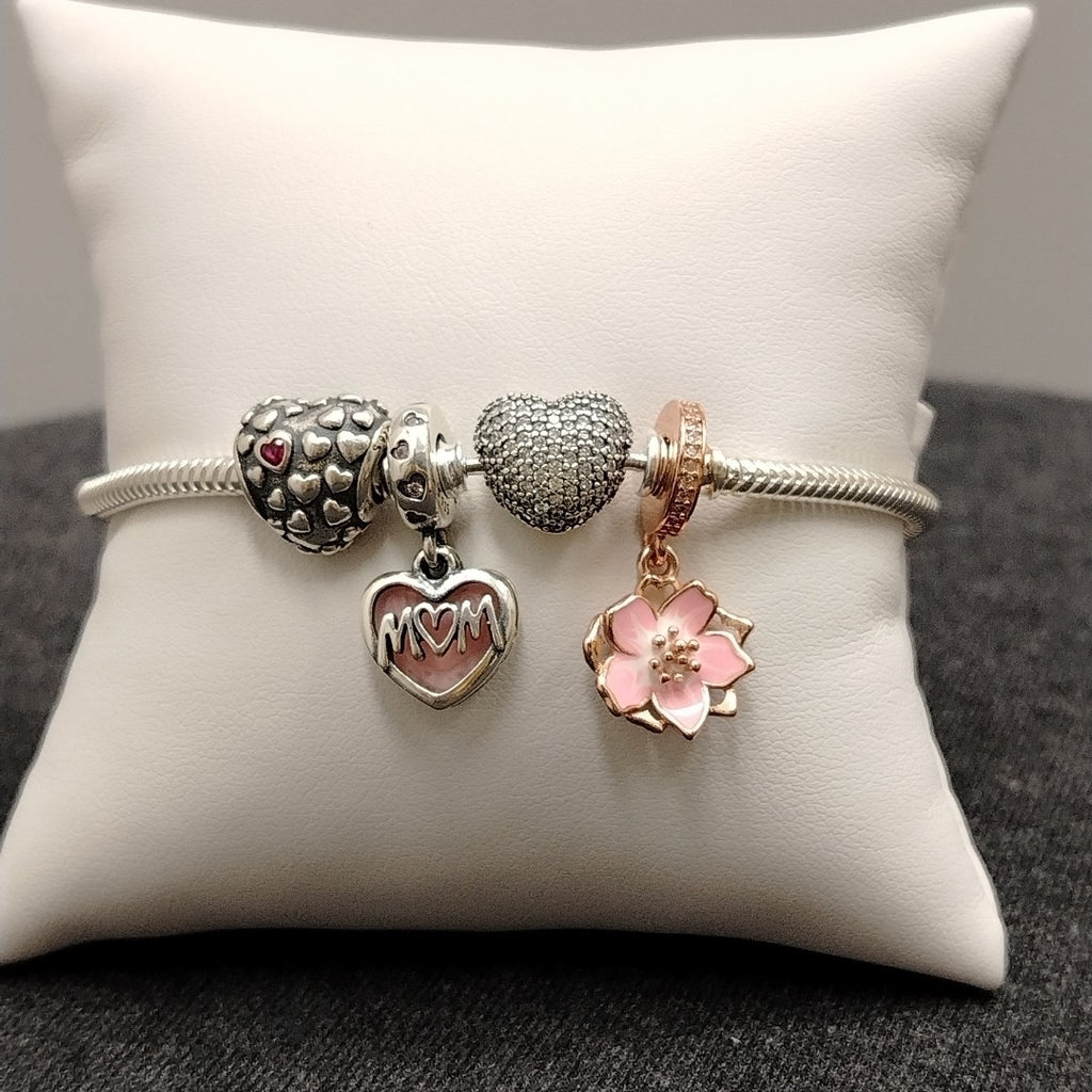 PULSERA TEJIDO ARTICULADA CON CHARMS PLATA .925 18 CM 15.2 GR (NUEVO)