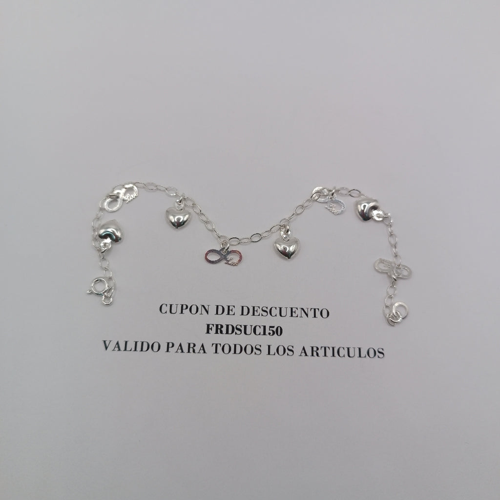 PULSERA CON DIJES CORAZON INFINITO PLATA .925 18 CM 3.22 GR (NUEVO)