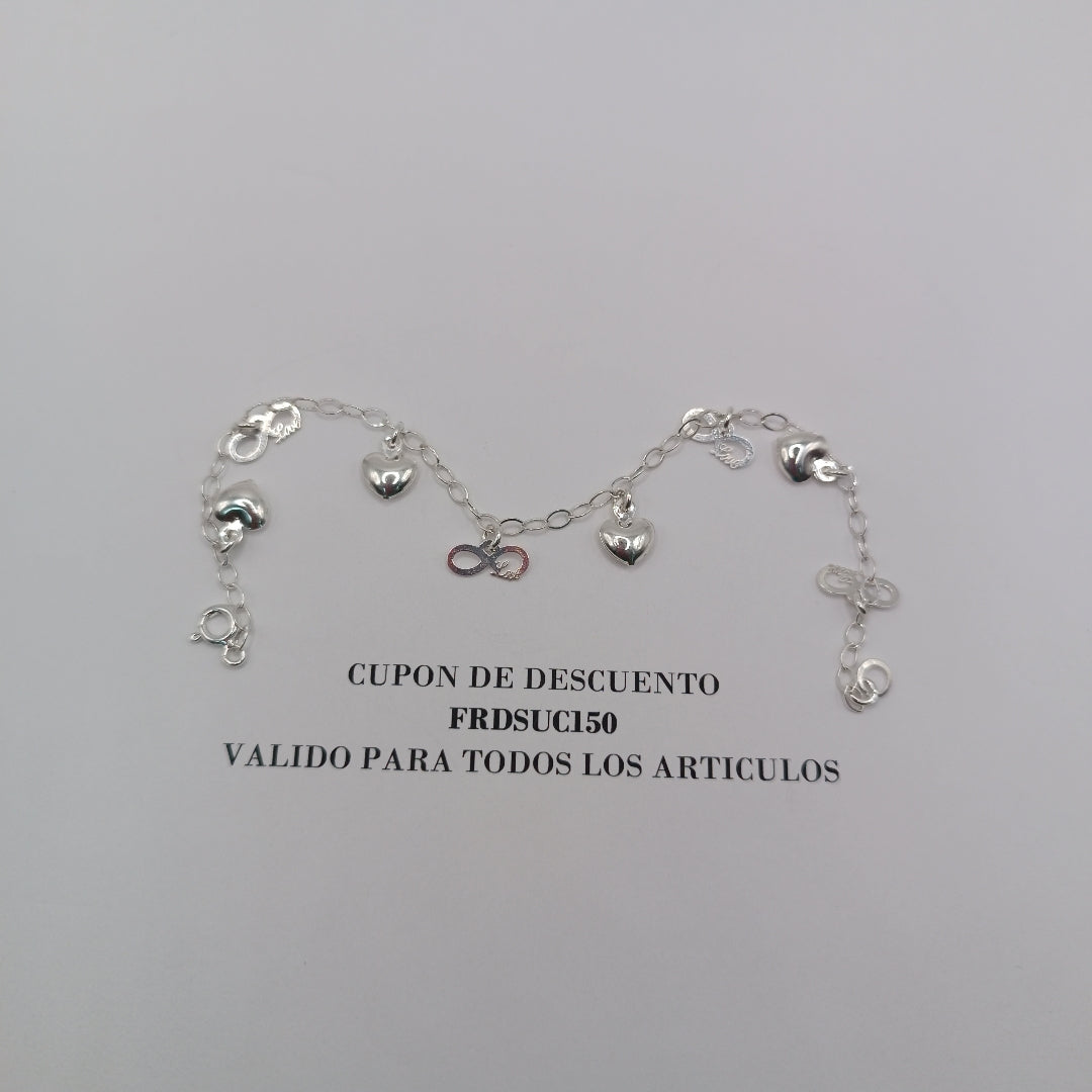 PULSERA CON DIJES CORAZON INFINITO PLATA .925 18 CM 3.22 GR (NUEVO)