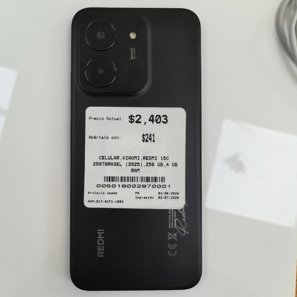 CELULAR XIAOMI REDMI 15C 25078RA3EL (2025) 256 GB 4 GB RAM (SEMINUEVO)