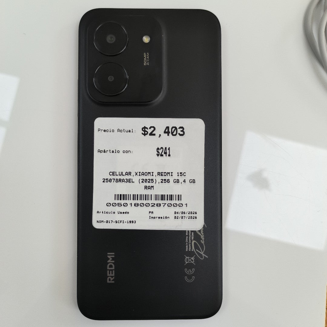 CELULAR XIAOMI REDMI 15C 25078RA3EL (2025) 256 GB 4 GB RAM (SEMINUEVO)