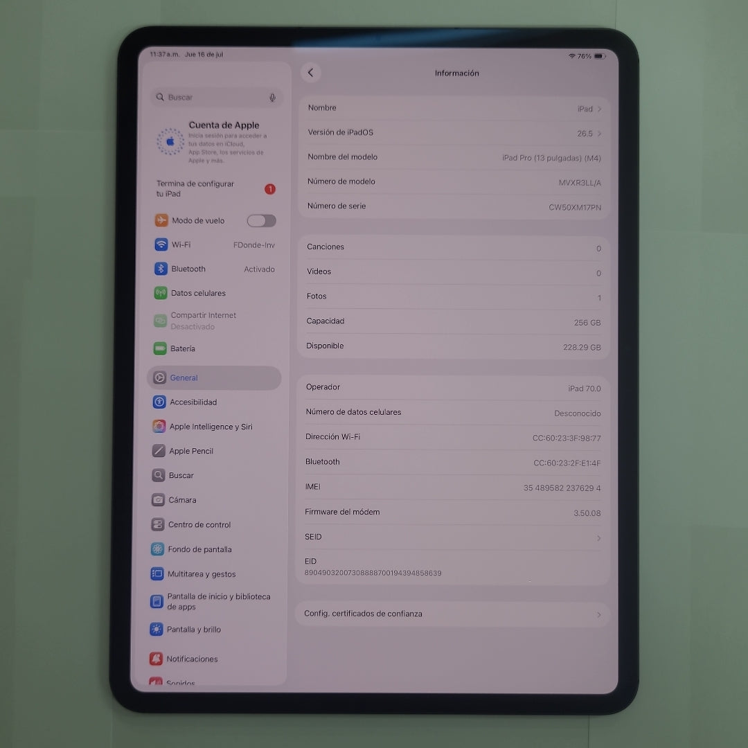 TABLETA APPLE IPAD PRO 13" A2926 (2024) 256 GB 8 GB RAM