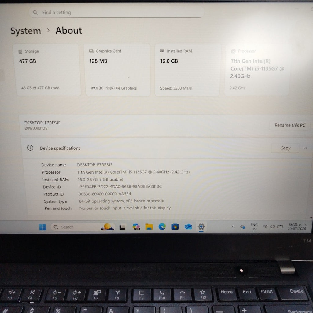 LAPTOP LENOVO THINKPAD T14 GEN 2 (2023) 512 GB SSD 16 GB RAM (SEMINUEVO)