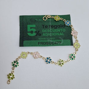 PULSERA ESPECIAL FLORES CON ESMALTE 14K 18 CM 4.8 GR (NUEVO)