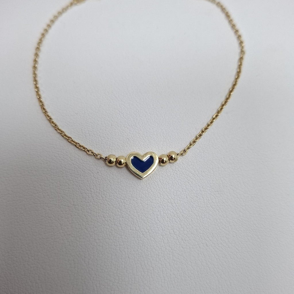 PULSERA TEJIDO ESPECIAL CON FIGURA CORAZON CON ESMALTE AZUL 14K 18 CM 2.2 GR (NUEVO)