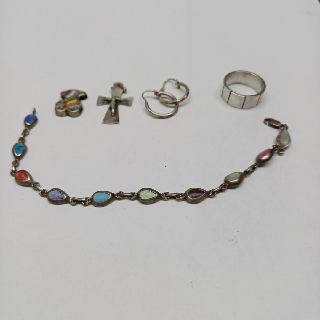 ANILLO, ARRACADAS PAR, CRUZ, DIJE, PULSERA PLATA 14.9 GRMS (SEMINUEVO)