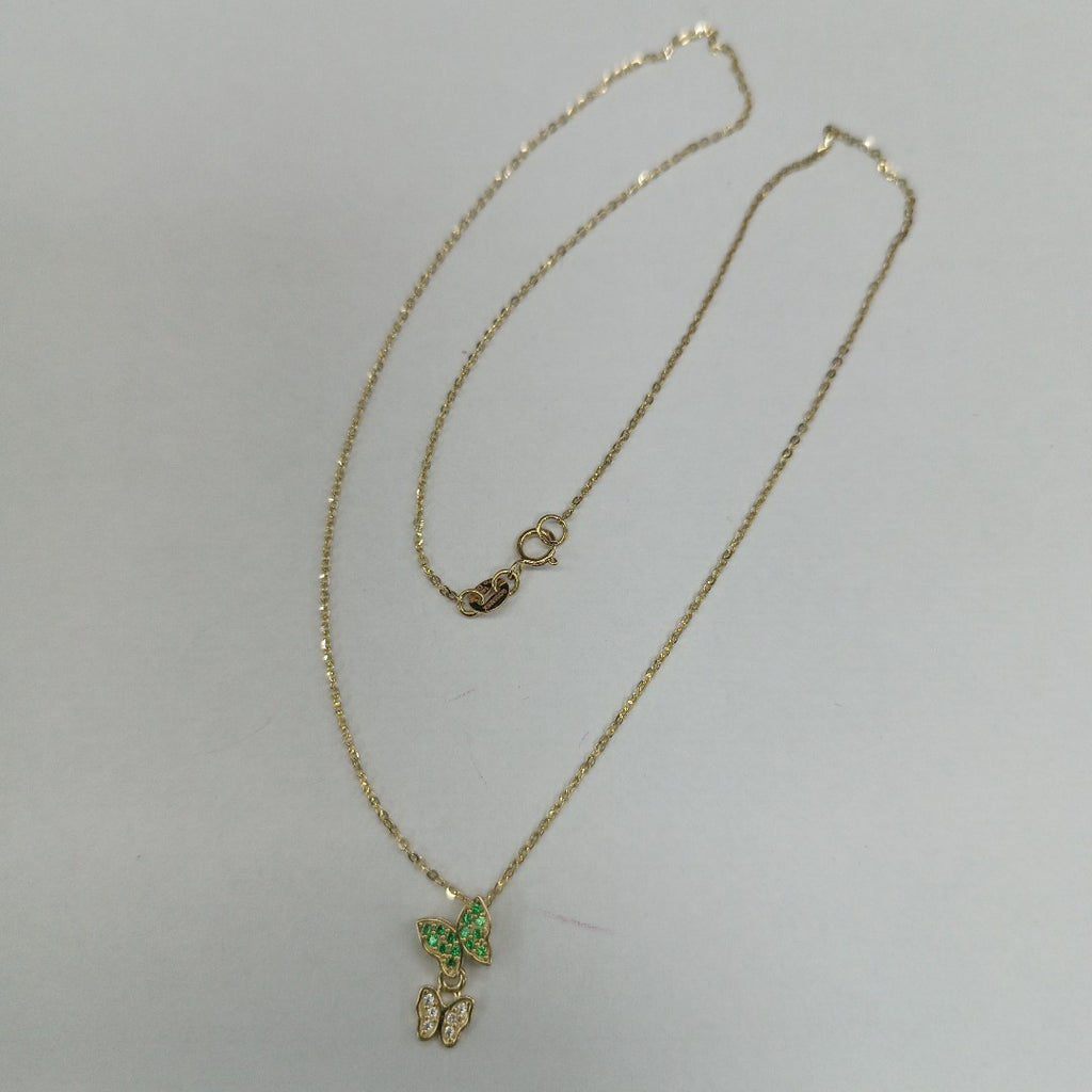CADENA TEJIDO GARGANTILLA CON DIJE MARIPOSAS CIRCONIAS Y PIEDRAS DE COLOR 14K 45 CM 1.9 GR (NUEVO)