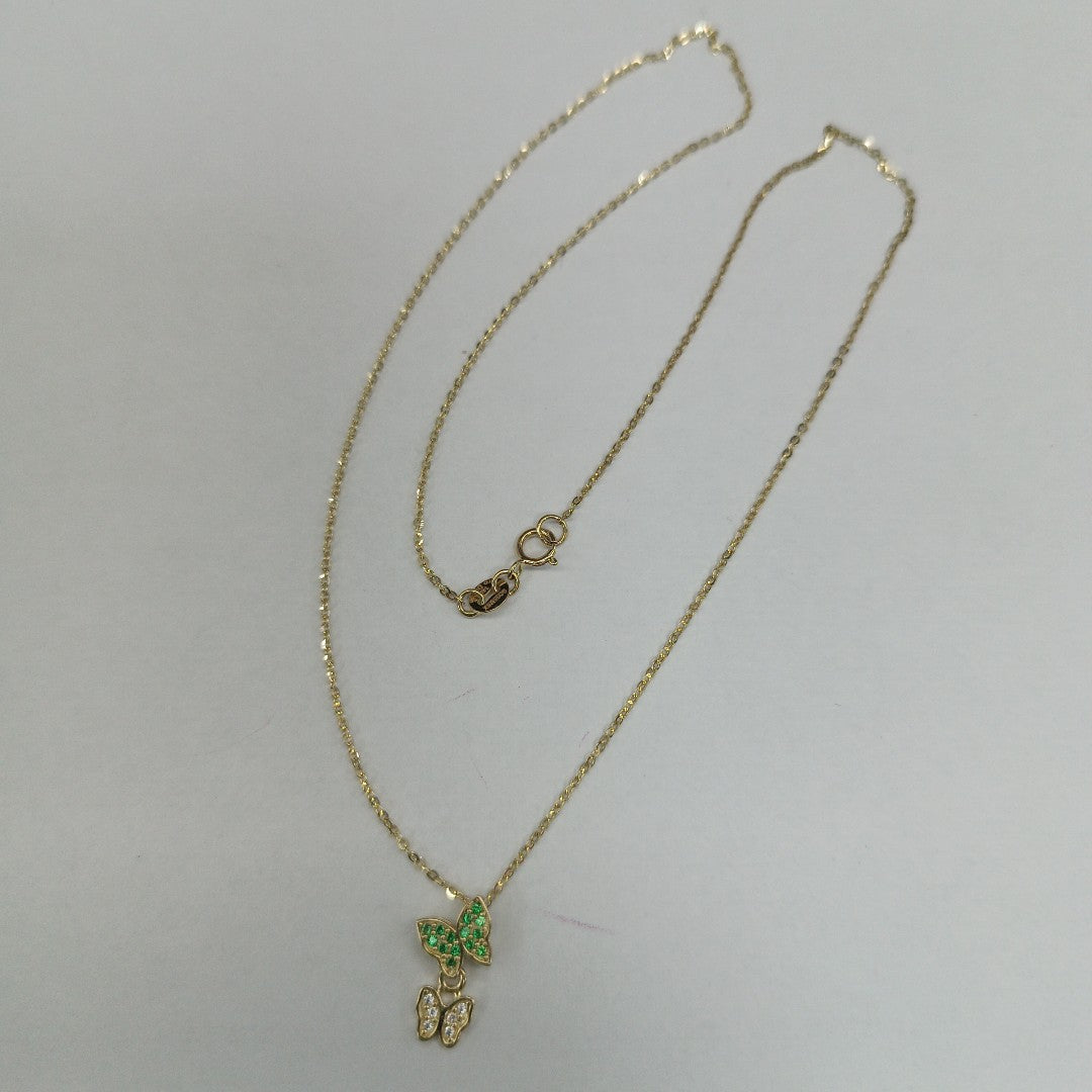 CADENA TEJIDO GARGANTILLA CON DIJE MARIPOSAS CIRCONIAS Y PIEDRAS DE COLOR 14K 45 CM 1.9 GR (NUEVO)