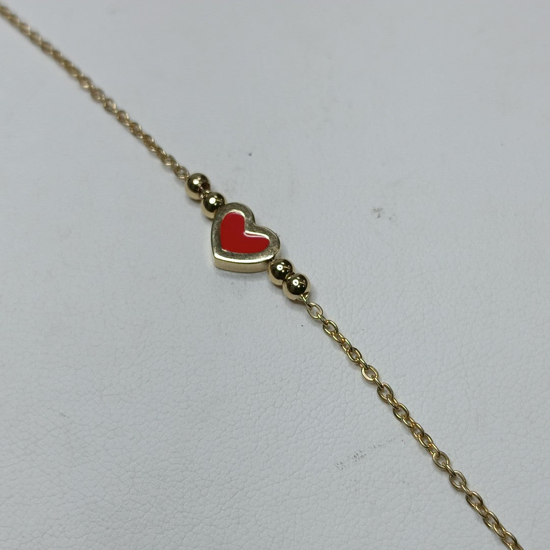 PULSERA TEJIDO ESPECIAL C CORAZON ROJO 14K 18 CM 1.9 GR (NUEVO)