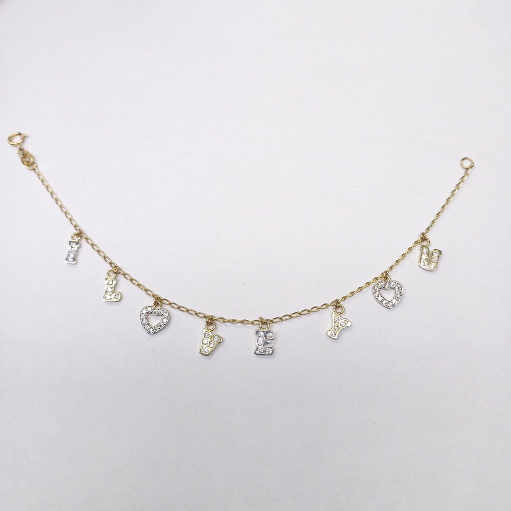 PULSERA ESPECIAL CON DIJES Y CIRCONIAS 14K 18 CM 3.3 GR (NUEVO)