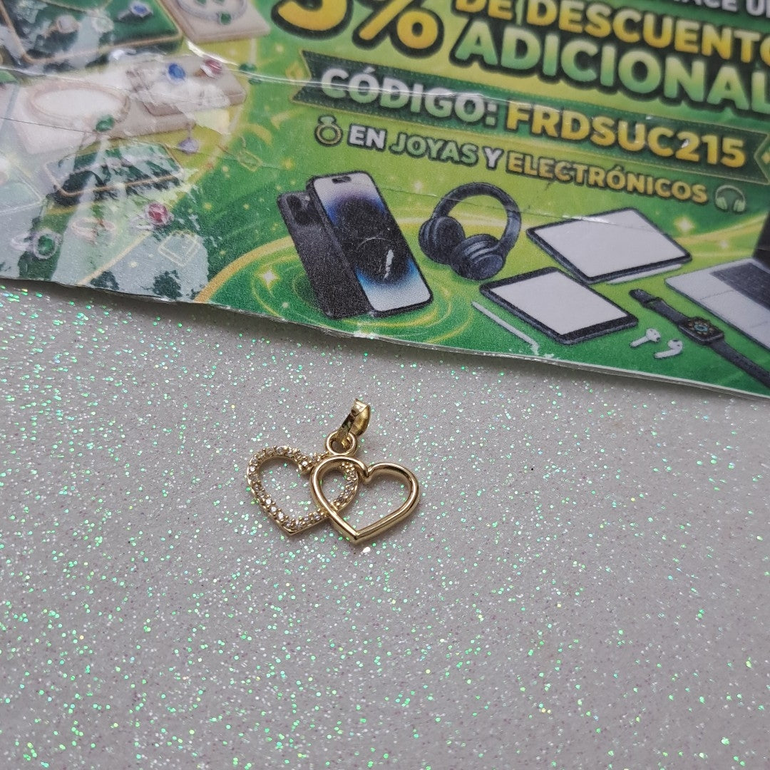 DIJE TEJIDO DOS CORAZONES CON CIRCONIAS 14K 1.5 GR (NUEVO)