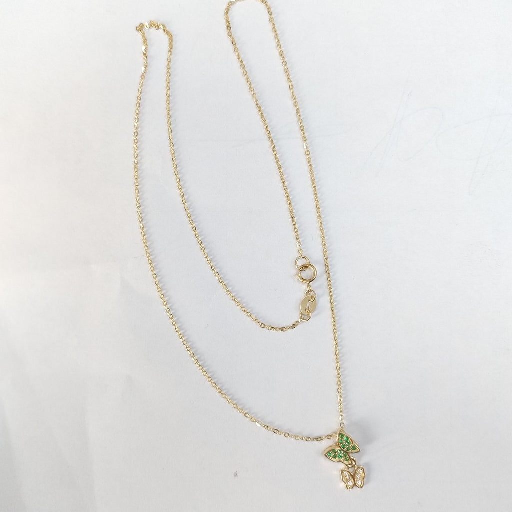 CADENA TEJIDO GARGANTILLA CON DIJE MARIPOSAS CIRCONIAS Y PIEDRAS DE COLOR 14K 45 CM 1.9 GR (NUEVO)