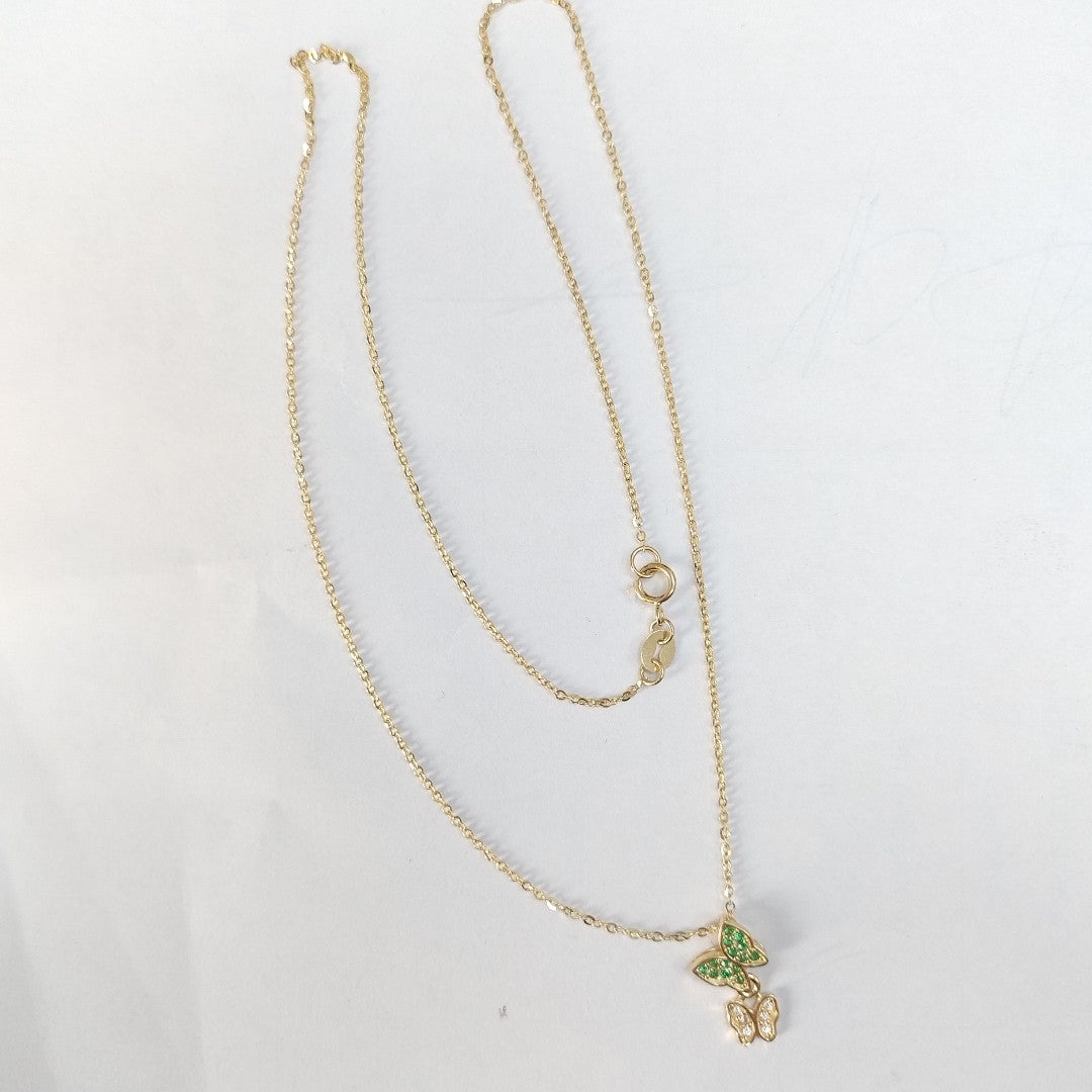 CADENA TEJIDO GARGANTILLA CON DIJE MARIPOSAS CIRCONIAS Y PIEDRAS DE COLOR 14K 45 CM 1.9 GR (NUEVO)