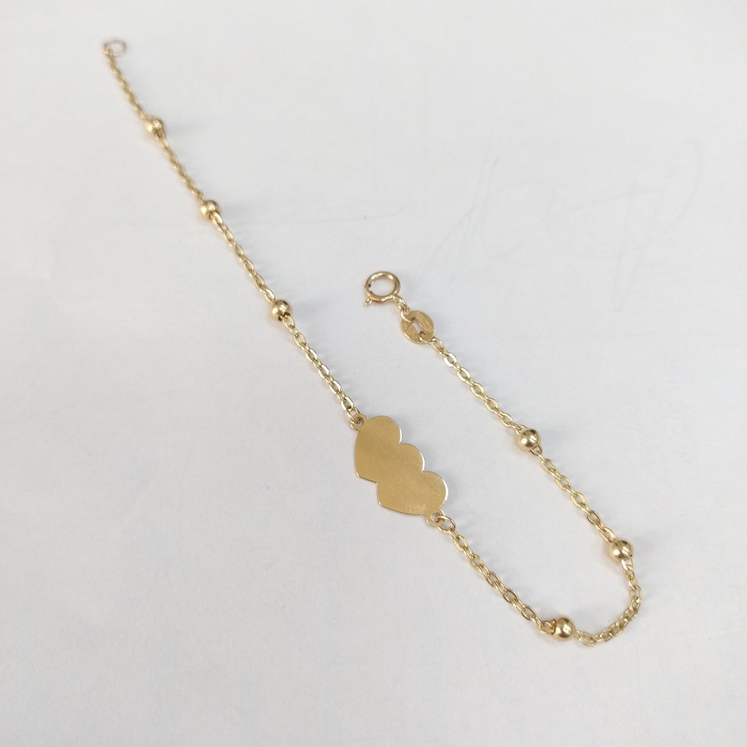 PULSERA TEJIDO ESPECIAL CON DOS CORAZONES 14K 18 CM 1.7 GR (NUEVO)