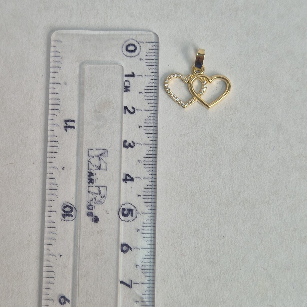 DIJE TEJIDO DOS CORAZONES CON CIRCONIAS 14K 1.5 GR (NUEVO)