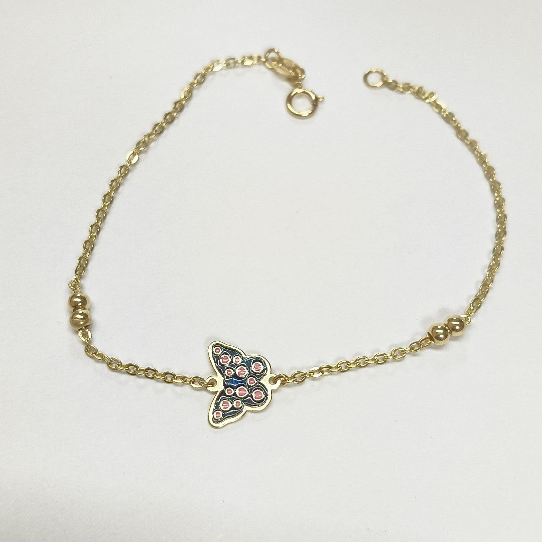 PULSERA TEJIDO ESPECIAL MARIPOSA CON ESMALTE 14K 18 CM 1.9 GR (NUEVO)