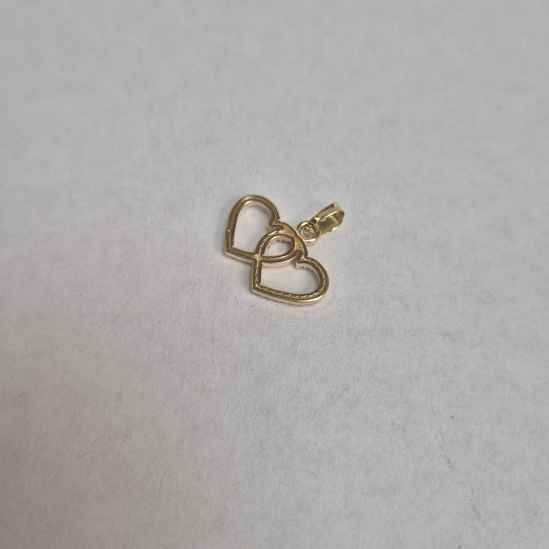 DIJE TEJIDO DOS CORAZONES CON CIRCONIAS 14K 1.5 GR (NUEVO)