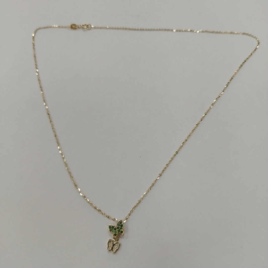 CADENA TEJIDO GARGANTILLA CON DIJE MARIPOSAS CIRCONIAS Y PIEDRAS DE COLOR 14K 45 CM 1.9 GR (NUEVO)