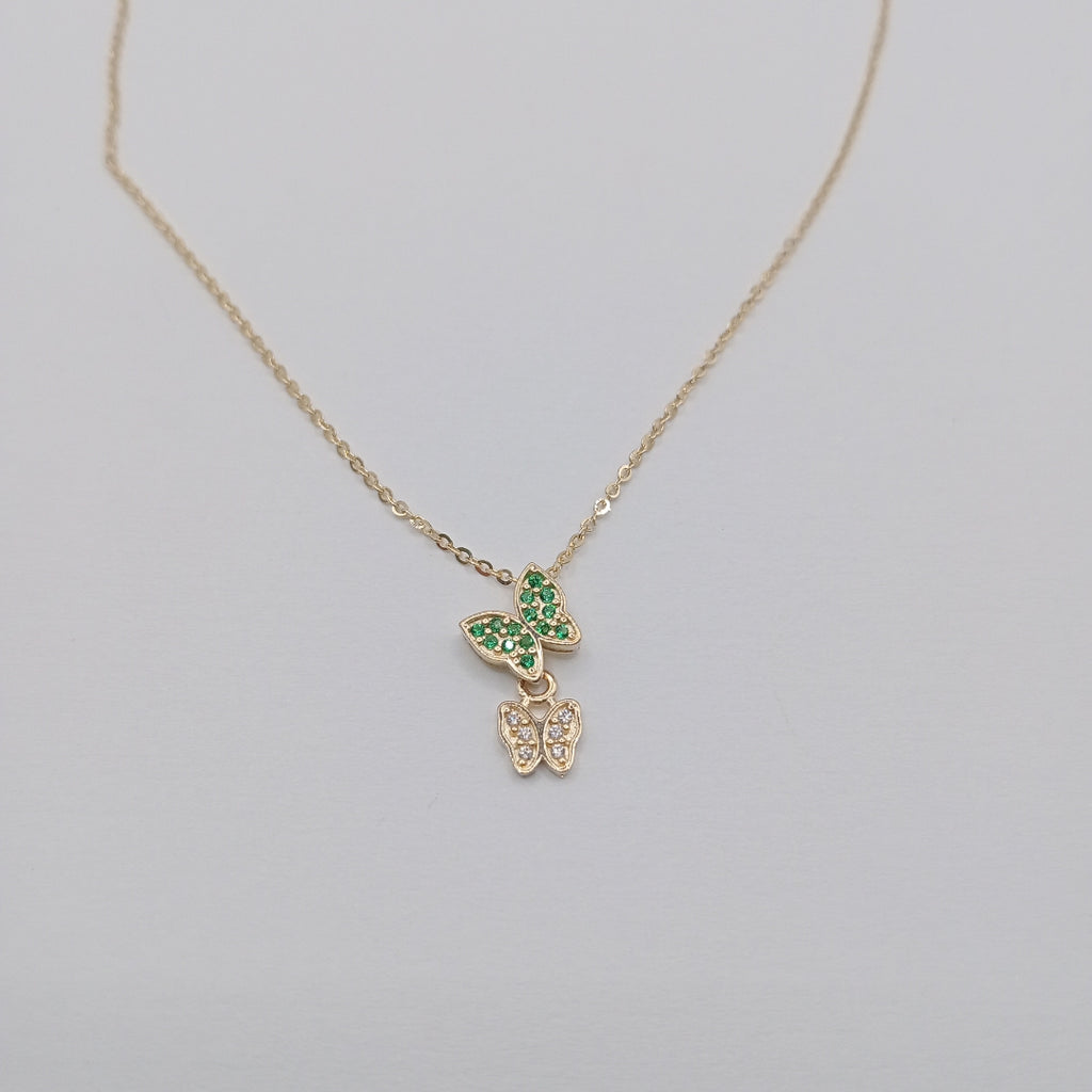 CADENA TEJIDO GARGANTILLA CON DIJE MARIPOSAS CIRCONIAS Y PIEDRAS DE COLOR 14K 45 CM 2 GR (NUEVO)