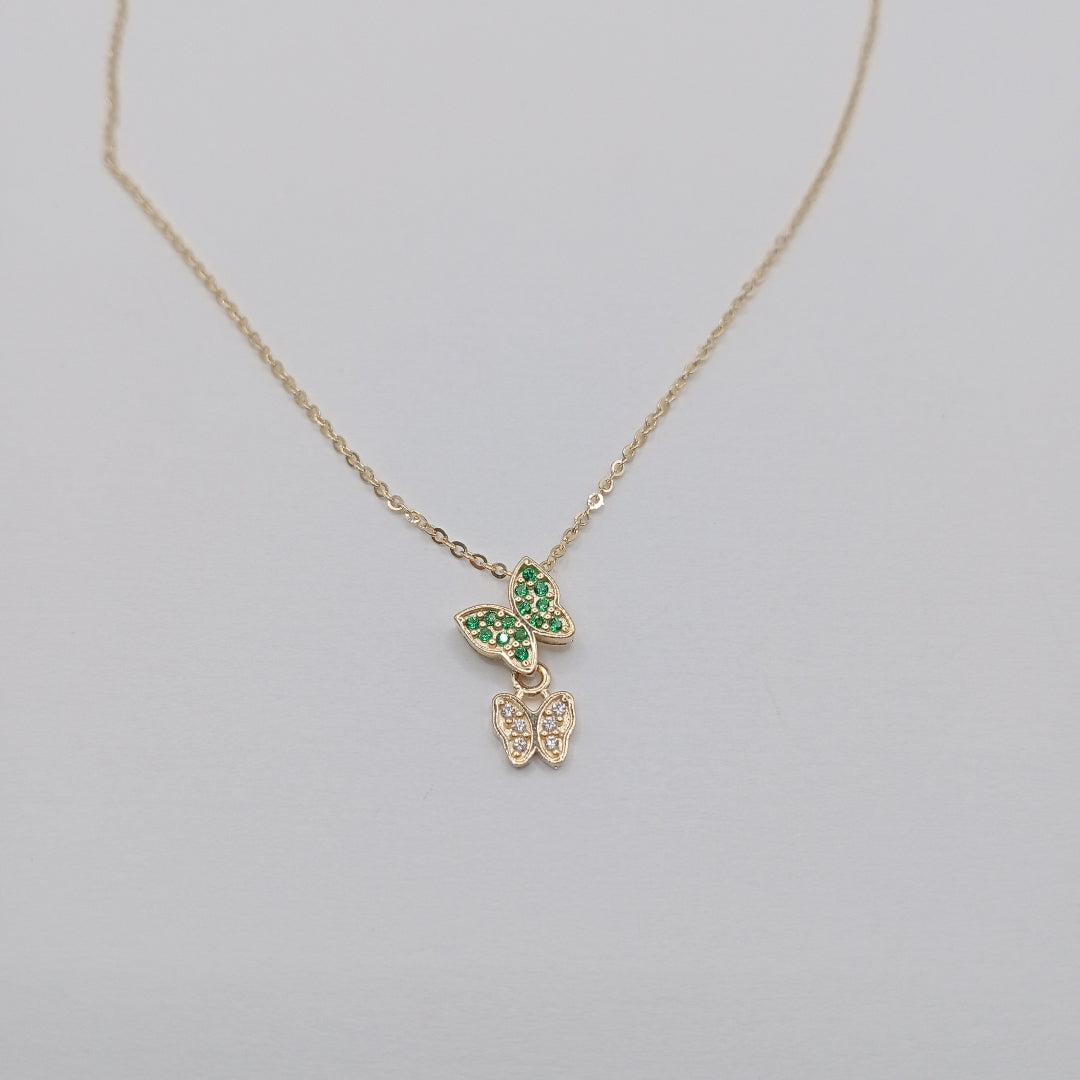 CADENA TEJIDO GARGANTILLA CON DIJE MARIPOSAS CIRCONIAS Y PIEDRAS DE COLOR 14K 45 CM 2 GR (NUEVO)