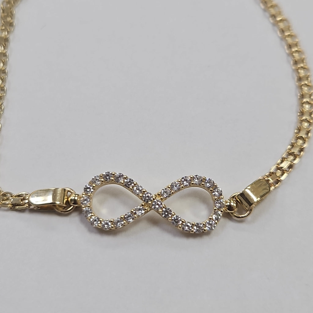 PULSERA TEJIDO ESPECIAL CON INFINITO Y CIRCONIAS 14K 18 CM 3.4 GR (NUEVO)