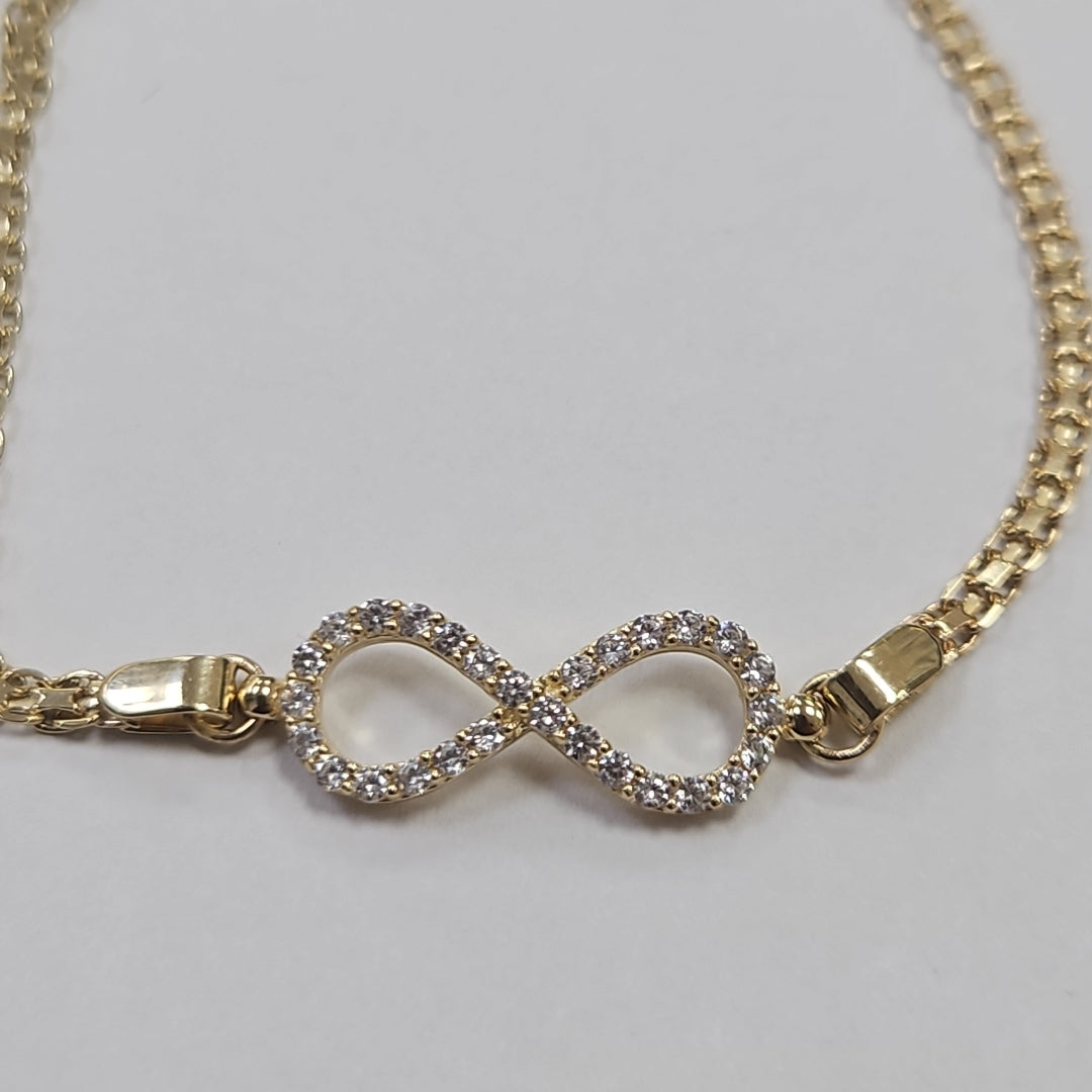 PULSERA TEJIDO ESPECIAL CON INFINITO Y CIRCONIAS 14K 18 CM 3.4 GR (NUEVO)