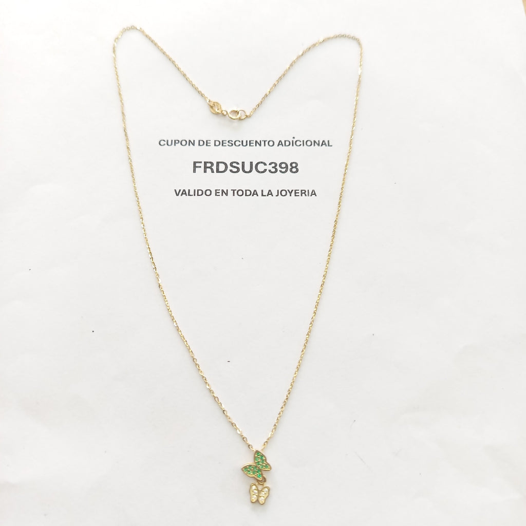 CADENA TEJIDO GARGANTILLA CON DIJE MARIPOSAS CIRCONIAS Y PIEDRAS DE COLOR 14K 45 CM 1.9 GR (NUEVO)