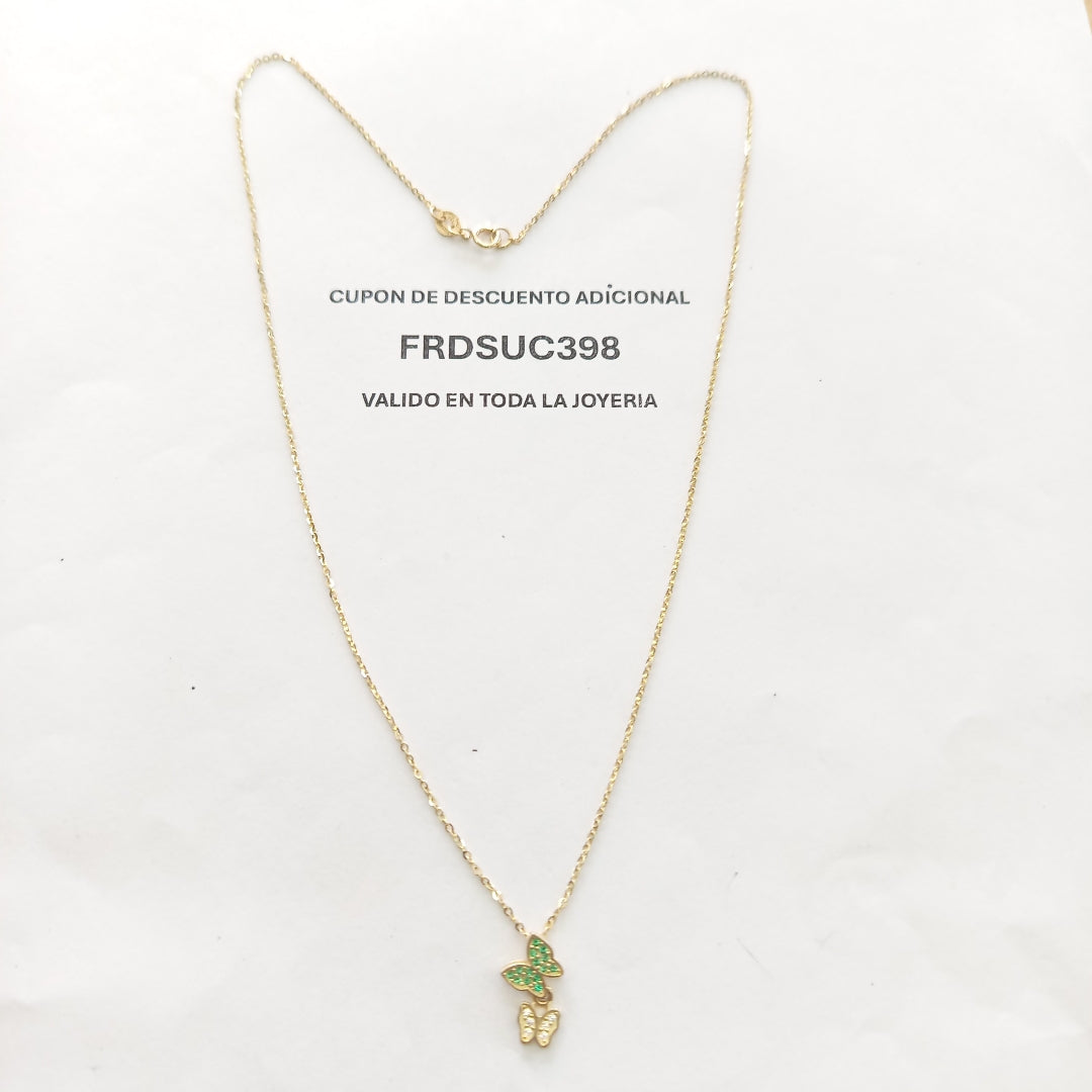 CADENA TEJIDO GARGANTILLA CON DIJE MARIPOSAS CIRCONIAS Y PIEDRAS DE COLOR 14K 45 CM 1.9 GR (NUEVO)
