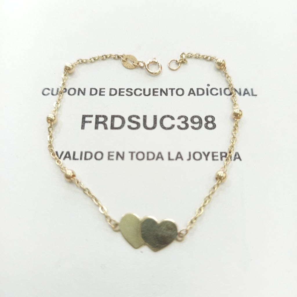 PULSERA TEJIDO ESPECIAL CON DOS CORAZONES 14K 18 CM 1.7 GR (NUEVO)