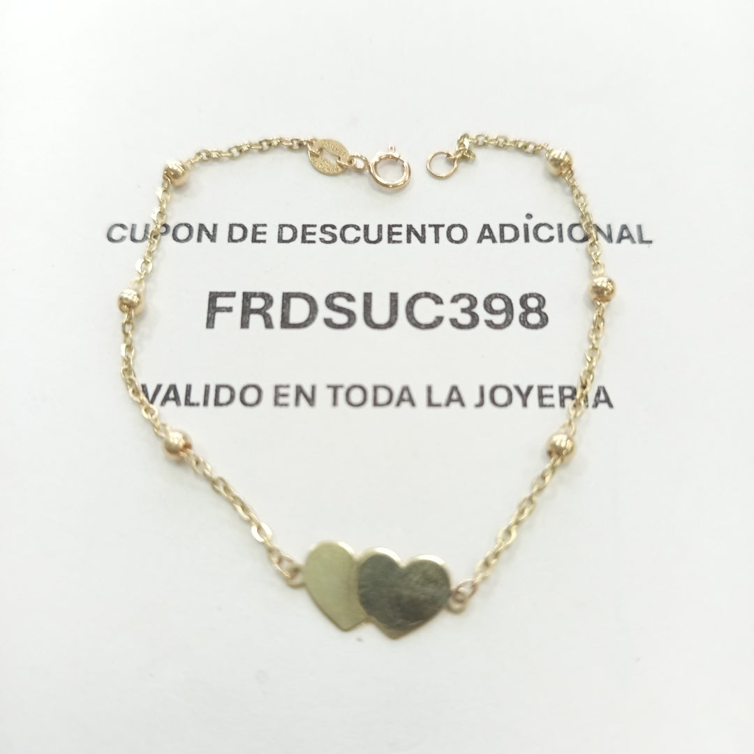 PULSERA TEJIDO ESPECIAL CON DOS CORAZONES 14K 18 CM 1.7 GR (NUEVO)
