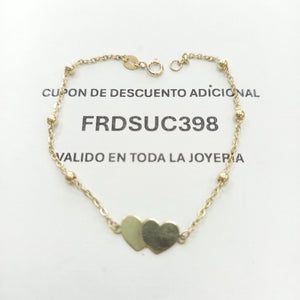 PULSERA TEJIDO ESPECIAL CON DOS CORAZONES 14K 18 CM 1.7 GR (NUEVO)