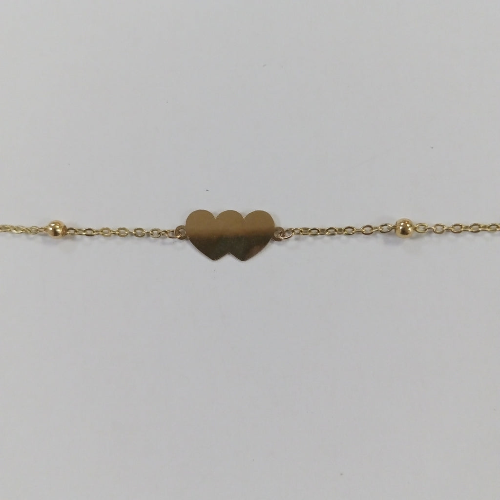 PULSERA TEJIDO ESPECIAL CON DOS CORAZONES 14K 18 CM 1.7 GR (NUEVO)