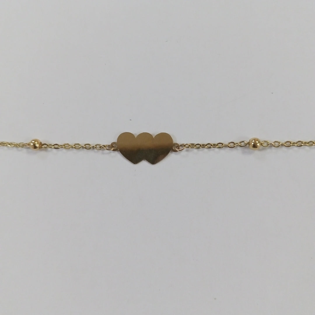 PULSERA TEJIDO ESPECIAL CON DOS CORAZONES 14K 18 CM 1.7 GR (NUEVO)