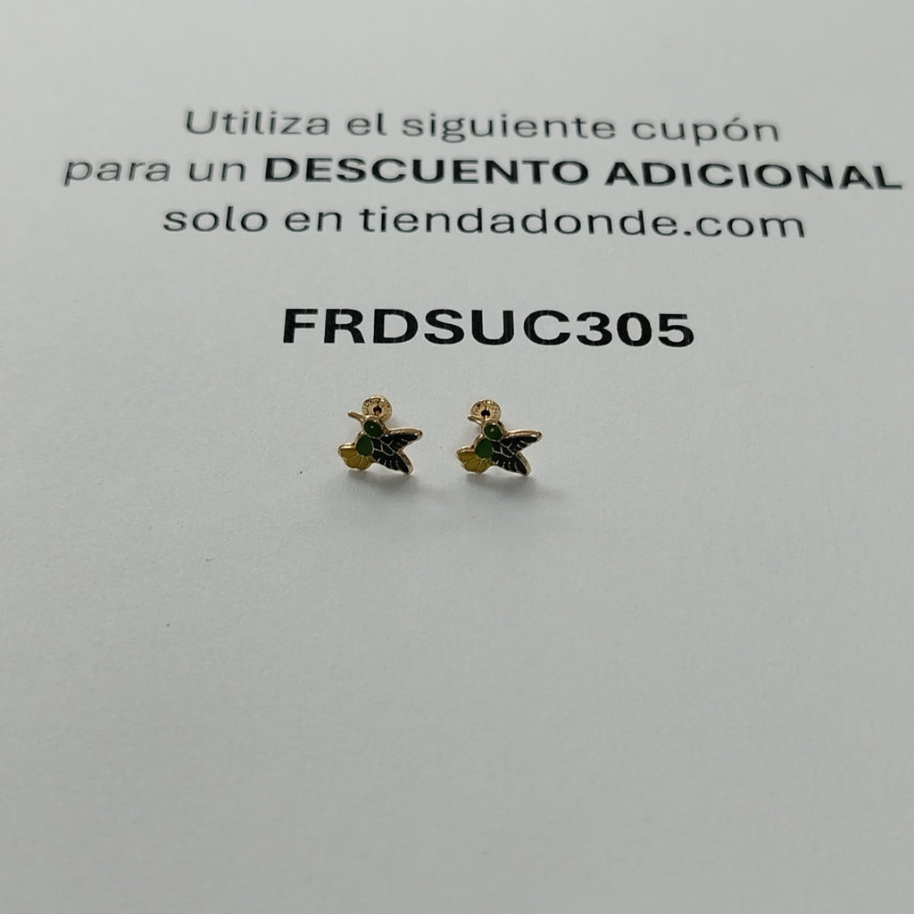 BROQUELES BROQUEL FIG COLIBRI ESMALTE VERDE 14K 0.2138 GR (NUEVO)