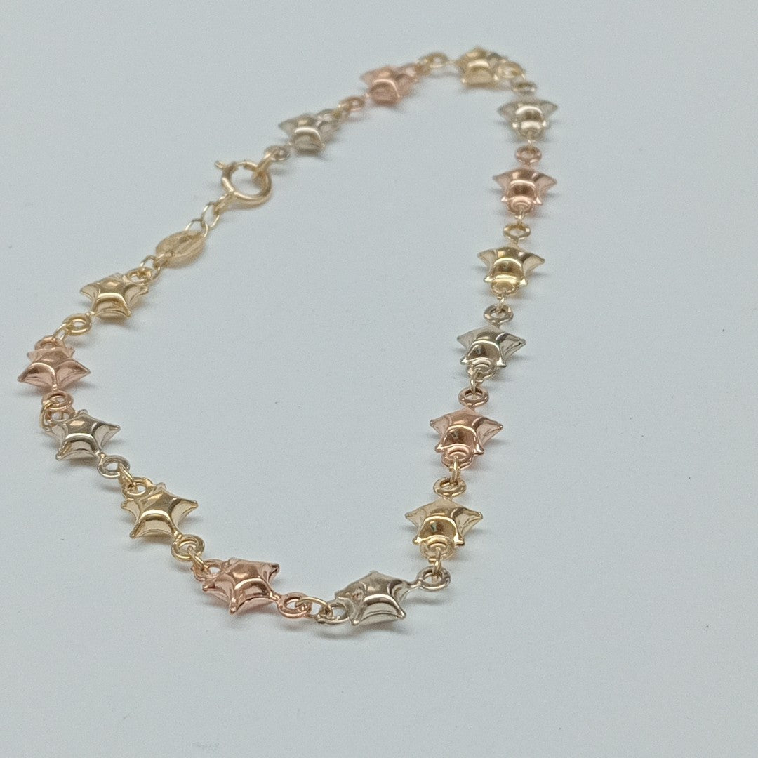 PULSERA TEJIDO ESPECIAL ESTRELLAS COMBINADAS 14K 18 CM 2.3 GR (NUEVO)