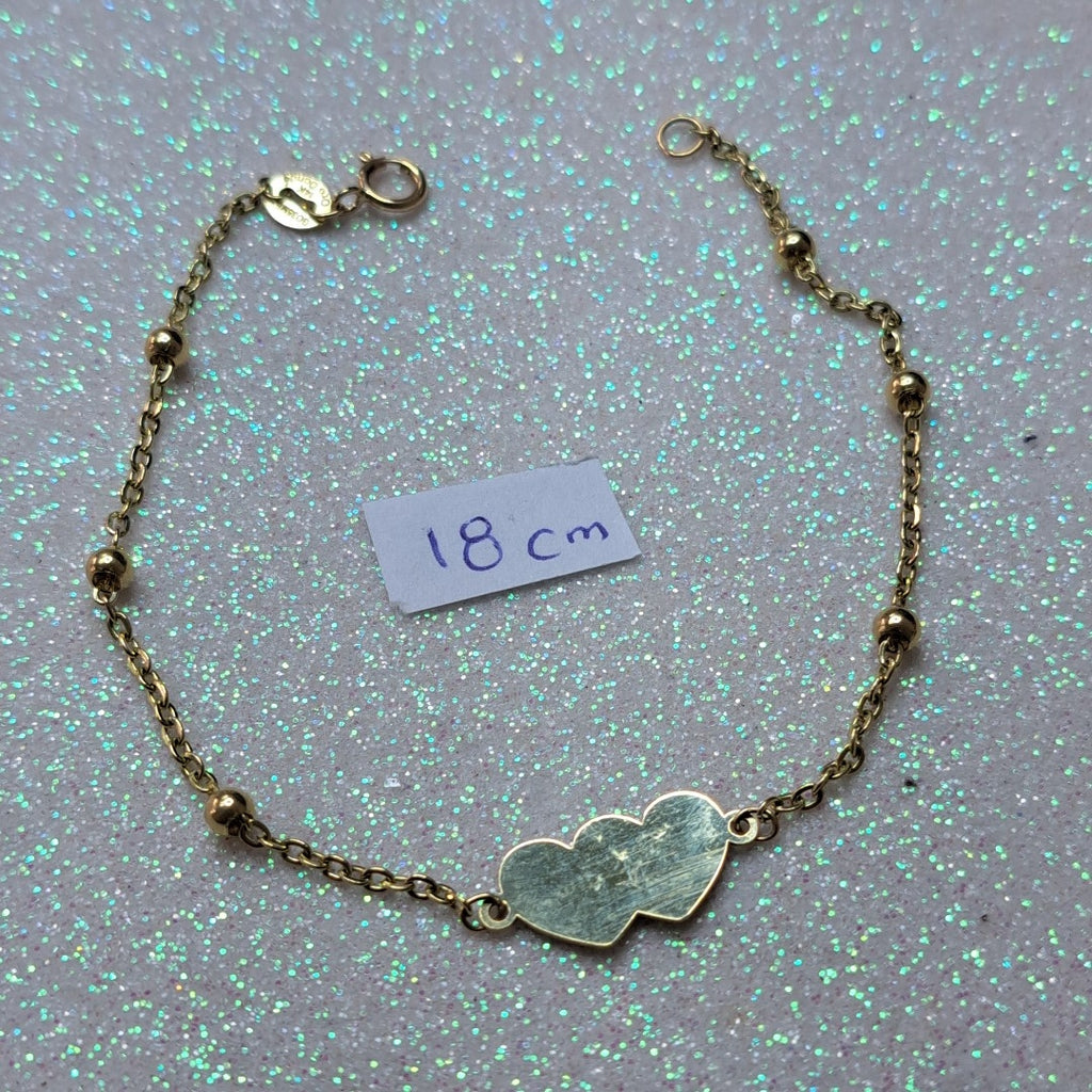 PULSERA TEJIDO ESPECIAL CON DOS CORAZONES 14K 18 CM 1.7 GR (NUEVO)