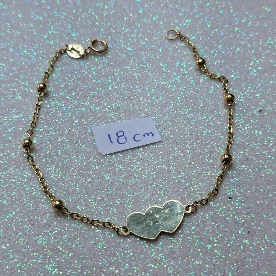 PULSERA TEJIDO ESPECIAL CON DOS CORAZONES 14K 18 CM 1.7 GR (NUEVO)