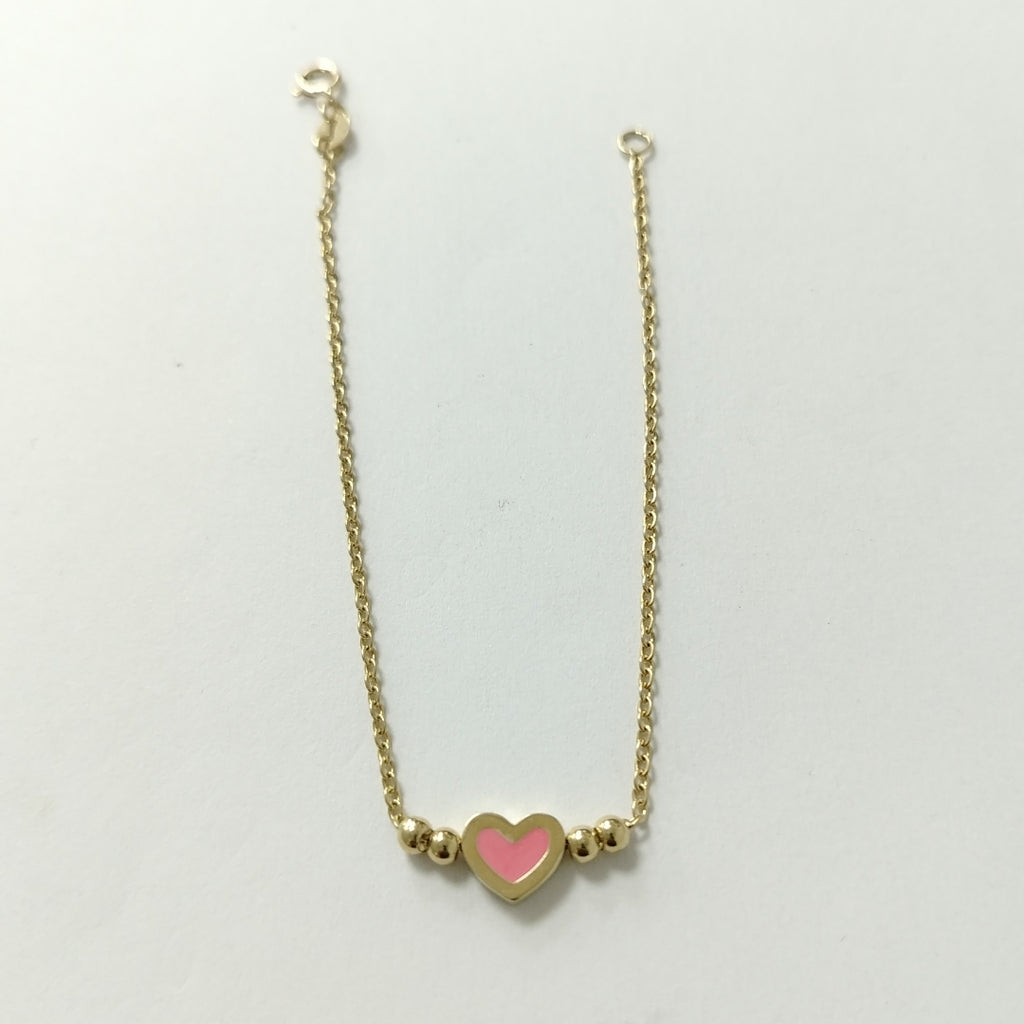 PULSERA TEJIDO ESPECIAL CON FIGURA CORAZON CON ESMALTE ROSA 14K 18 CM 1.9 GR (NUEVO)