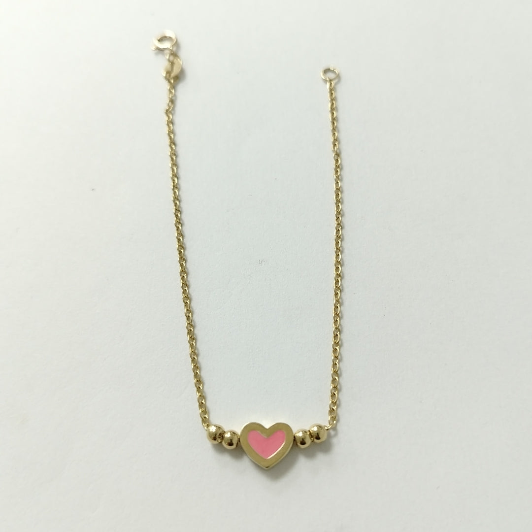 PULSERA TEJIDO ESPECIAL CON FIGURA CORAZON CON ESMALTE ROSA 14K 18 CM 1.9 GR (NUEVO)