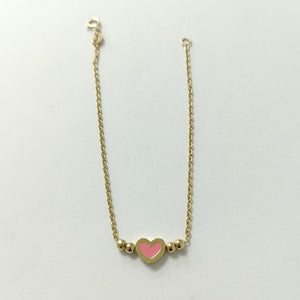 PULSERA TEJIDO ESPECIAL CON FIGURA CORAZON CON ESMALTE ROSA 14K 18 CM 1.9 GR (NUEVO)