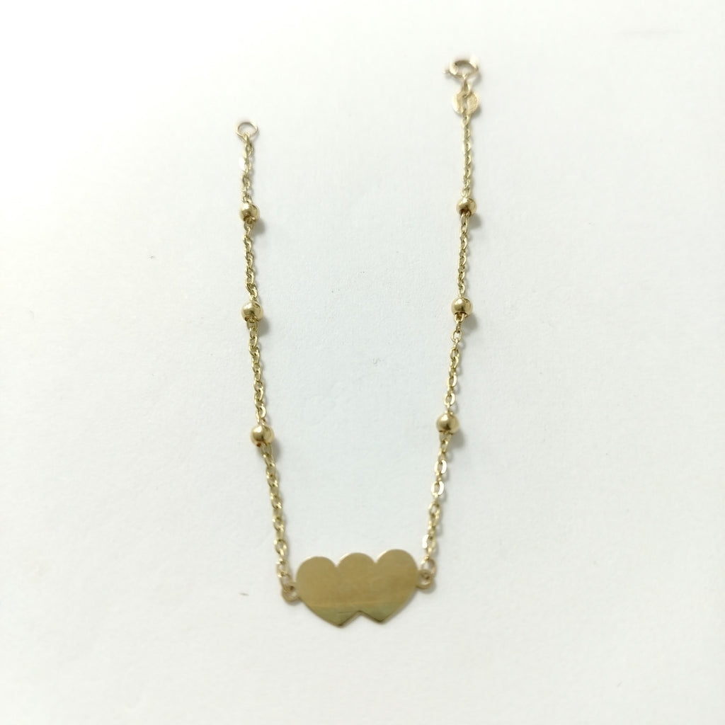 PULSERA TEJIDO ESPECIAL CON DOS CORAZONES 14K 18 CM 1.7 GR (NUEVO)