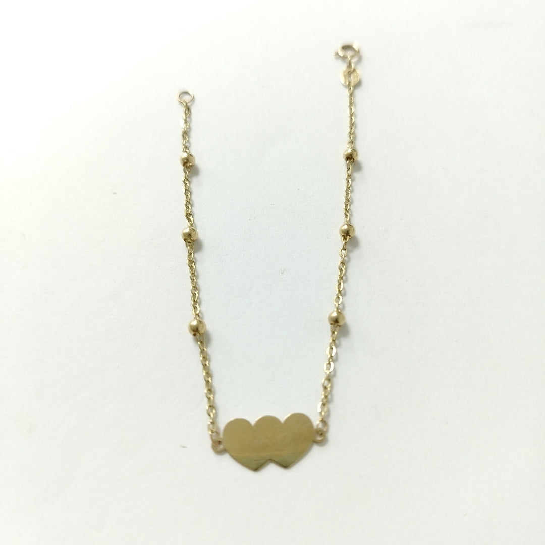 PULSERA TEJIDO ESPECIAL CON DOS CORAZONES 14K 18 CM 1.7 GR (NUEVO)