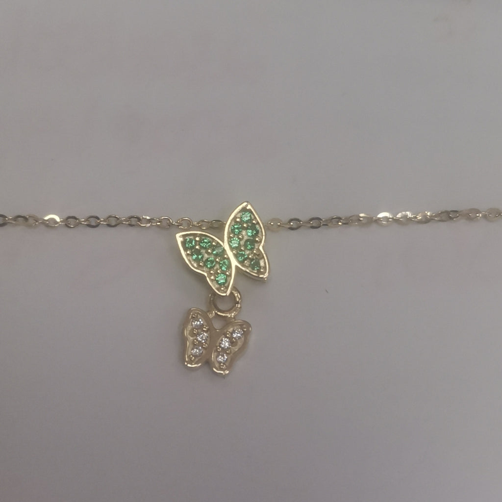 CADENA TEJIDO GARGANTILLA CON DIJE MARIPOSAS CIRCONIAS Y PIEDRAS DE COLOR 14K 45 CM 2 GR (NUEVO)