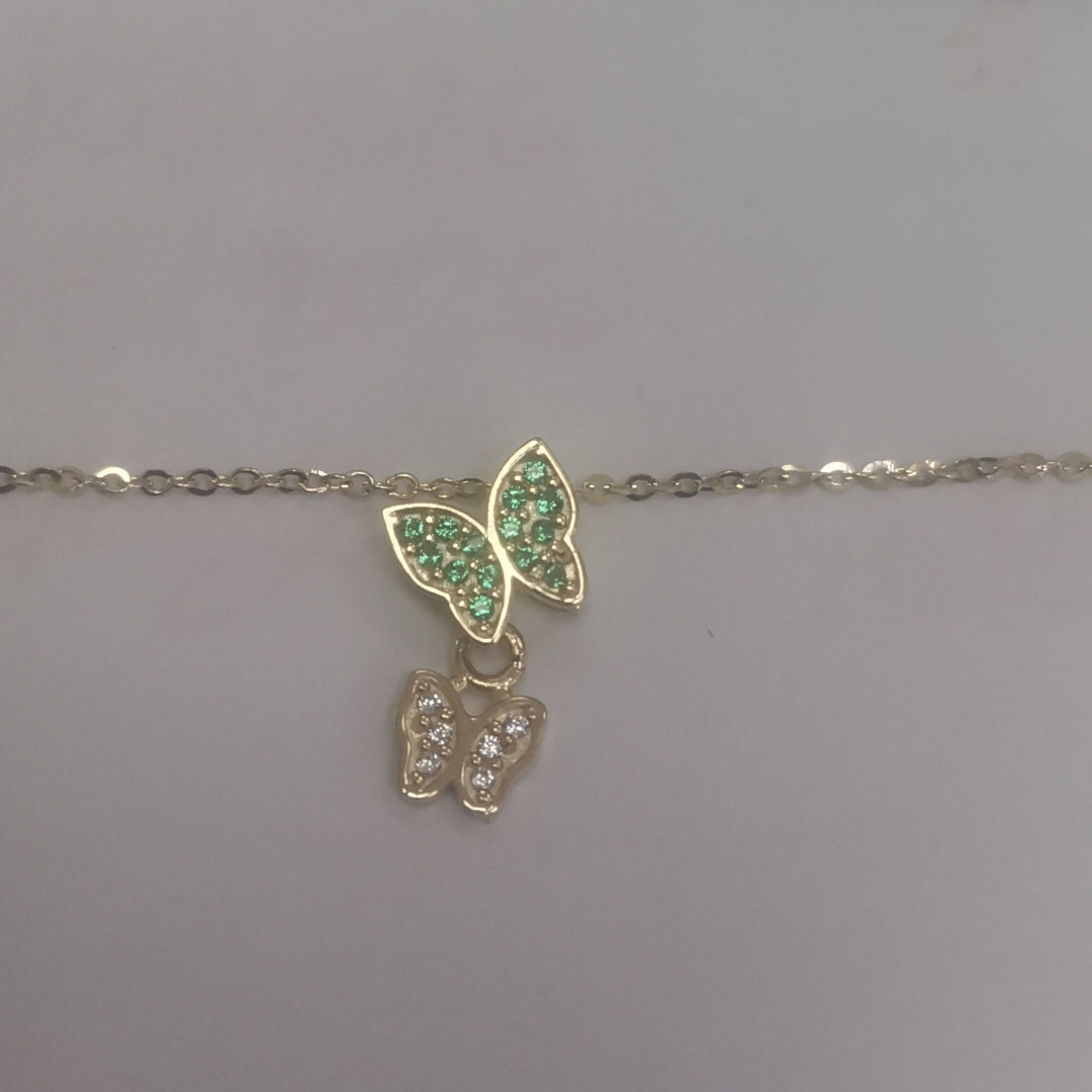 CADENA TEJIDO GARGANTILLA CON DIJE MARIPOSAS CIRCONIAS Y PIEDRAS DE COLOR 14K 45 CM 2 GR (NUEVO)