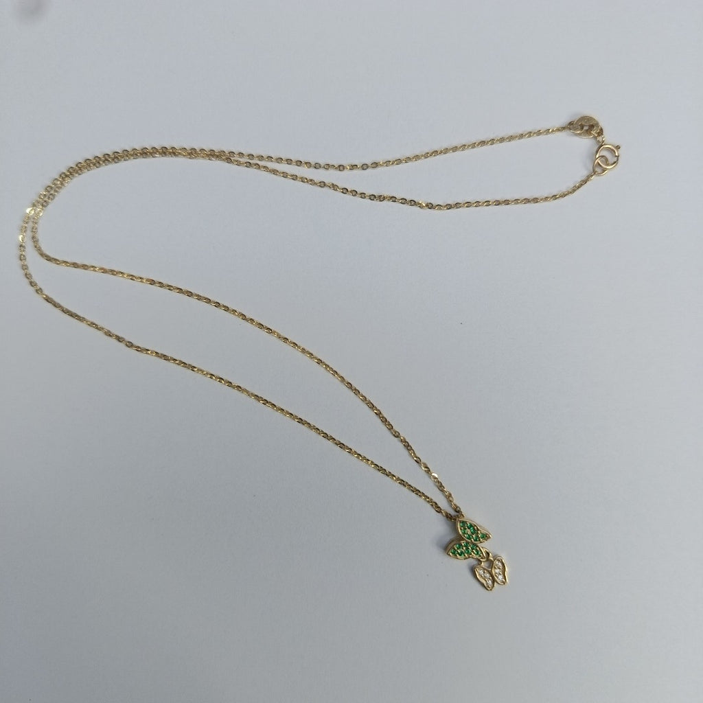 CADENA TEJIDO GARGANTILLA CON DIJE MARIPOSAS CIRCONIAS Y PIEDRAS DE COLOR 14K 45 CM 1.9 GR (NUEVO)