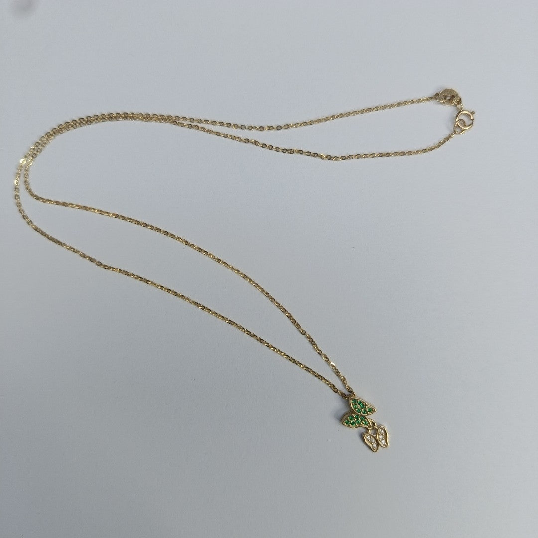 CADENA TEJIDO GARGANTILLA CON DIJE MARIPOSAS CIRCONIAS Y PIEDRAS DE COLOR 14K 45 CM 1.9 GR (NUEVO)