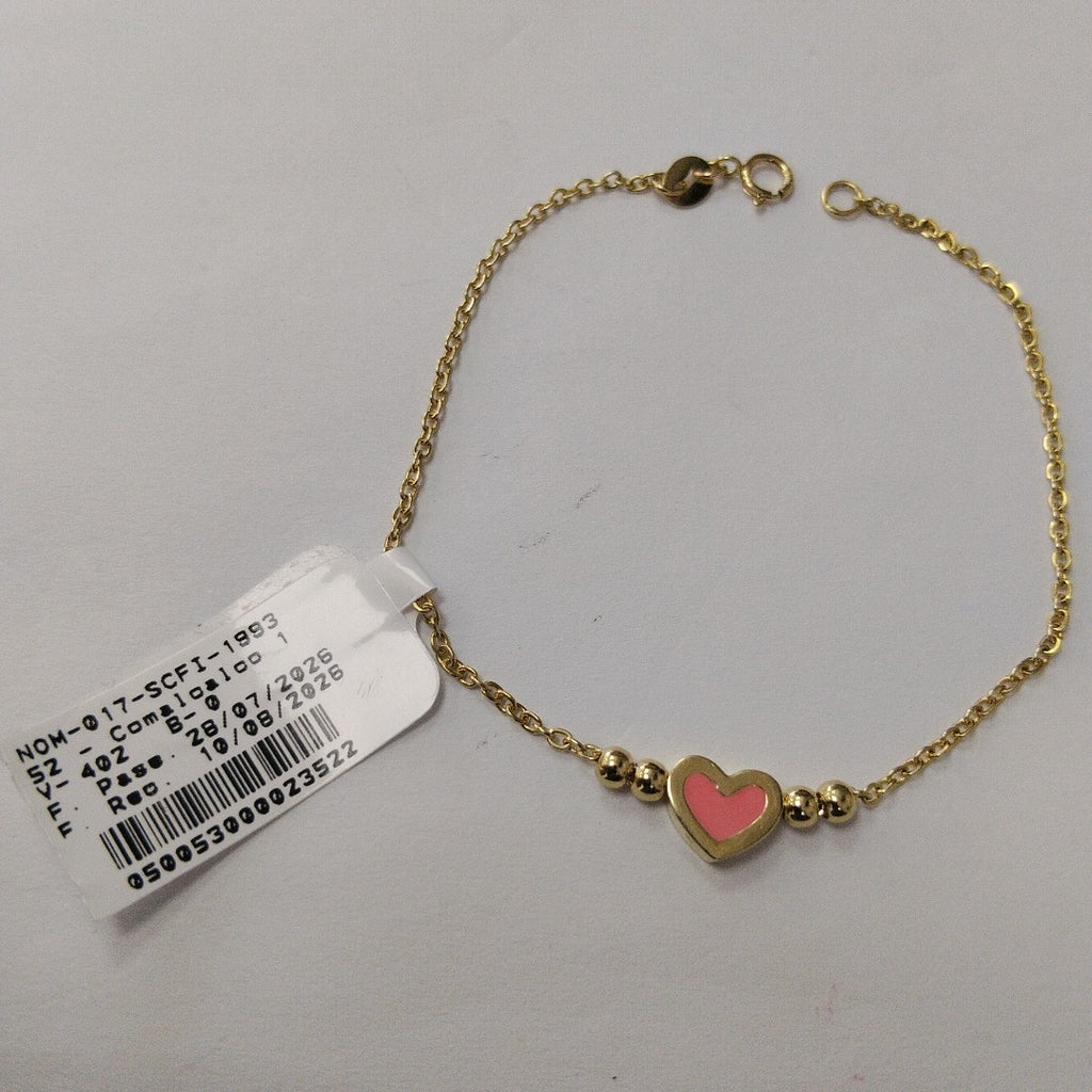 PULSERA TEJIDO ESPECIAL CON FIGURA CORAZON CON ESMALTE ROSA 14K 18 CM 2.1 GR (NUEVO)