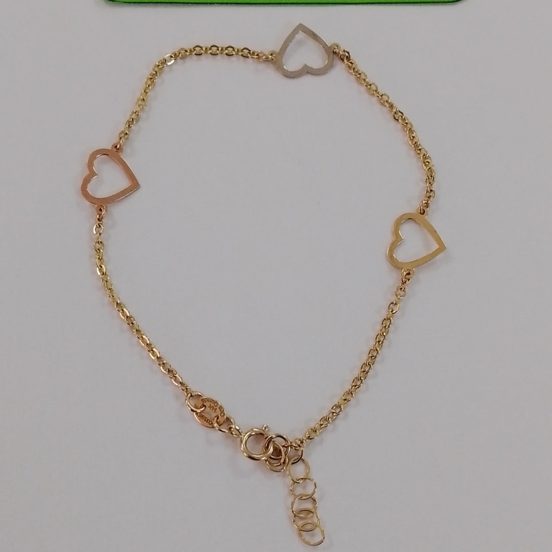 PULSERA ESPECIAL CON CORAZONES CONBINADOS 14K 18 CM 1.7 GR (NUEVO)